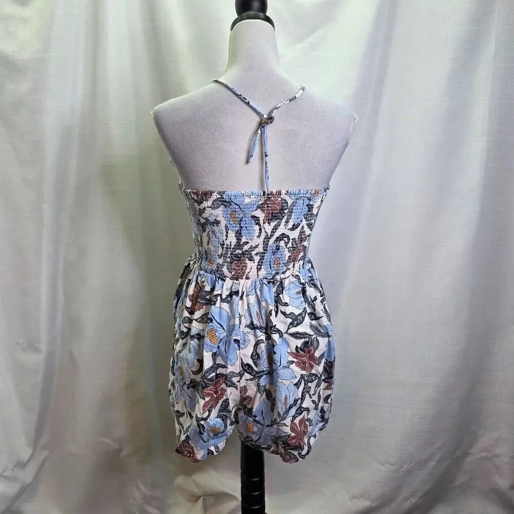 Old Navy Blue Floral Linen Blend O-Ring Halter Romper Size Medium